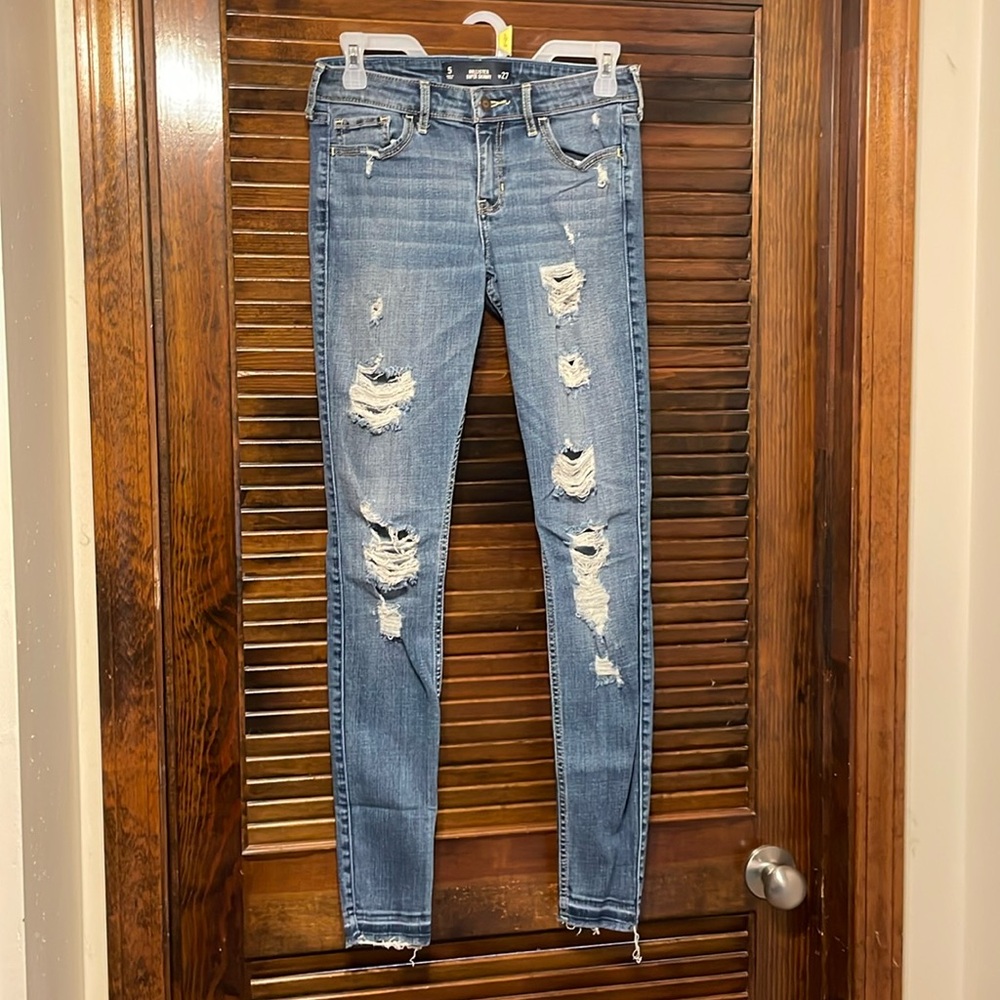 Hollister Distressed Skinny Jeans in Medium Blue Denim